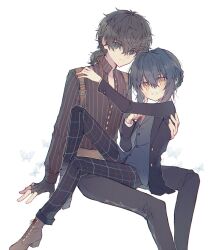 Rule 34 | 1boy, 1other, ahoge, androgynous, ankle boots, belt, belt buckle, black gloves, black hair, black jacket, black pants, black shirt, boots, braid, braided bun, brown belt, brown footwear, buckle, buttons, collared jacket, collared vest, fate/grand order, fate/samurai remnant, fate (series), fingerless gloves, gloves, grey eyes, grey vest, hachimitsu (melody), hair bun, hair intakes, hand on another&#039;s back, hand on another&#039;s shoulder, highres, jacket, long sleeves, looking at viewer, low ponytail, miyamoto iori (fate), necktie, official alternate costume, official alternate hairstyle, pants, partially unbuttoned, pinstripe pattern, pinstripe shirt, plaid, plaid pants, red necktie, shirt, short ponytail, sidelocks, simple background, sitting, sitting on lap, sitting on person, smile, striped clothes, striped shirt, suit jacket, tie clip, vertical-striped clothes, vertical-striped shirt, vest, white background, white shirt, yamato takeru (fate), yamato takeru (second ascension) (fate), yellow eyes