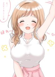Rule 34 | 1girl, ^ ^, absurdres, arm up, armpits, blush, breasts, brown eyes, closed eyes, collarbone, dot nose, heart, highres, idolmaster, idolmaster shiny colors, lapisppigeons, large breasts, light brown hair, motion lines, open mouth, pink skirt, sakuragi mano, shirt, simple background, skirt, sleeveless, sleeveless shirt, smile, solo, speech bubble, upper body, white background, white shirt