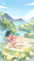 Rule 34 | 1boy, 1girl, artist request, blue footwear, blush, brown eyes, camping, cat, chair, chinese commentary, clear sky, cloud, commentary request, eating, feeding, highres, jacket, lake, long hair, momo (miracle nikki), mountainous horizon, necktie, nikki (miracle nikki), official art, orange jacket, orange necktie, pink hair, rabbit, river, shining nikki, shirt, sitting, sky, table, tree, white shirt, yellow cloak