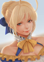 Rule 34 | 1girl, artoria pendragon (fate), blonde hair, blue dress, breasts, cleavage cutout, closed mouth, clothing cutout, dress, fate/stay night, fate (series), green eyes, hair ribbon, magion02, ribbon, saber (fate), short hair, simple background, sky, small breasts, smile, solo, upper body, yellow ribbon