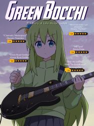Rule 34 | 1boy, alternate color, alternate hair color, artist name, black skirt, blue eyes, bocchi the rock!, closed mouth, commentary, cover, cube hair ornament, english commentary, english text, fake cover, genderswap, genderswap (ftm), gotoh hitori, green hair, green jacket, guitar, hair ornament, highres, holding, holding instrument, instrument, jacket, john midori gotoh (the freakin yui), long hair, long sleeves, looking at viewer, male focus, movie poster, skirt, solo, the freakin yui, track jacket, trap, very long hair