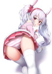Rule 34 | 1girl, absurdres, animal ears, azur lane, blush, crawling, fake animal ears, hair between eyes, headband, highres, jacket, laffey (azur lane), light purple hair, long hair, looking at viewer, looking back, nedia (nedia region), open mouth, panties, rabbit ears, red eyes, solo, striped clothes, striped panties, thighhighs, twintails, underwear, very long hair, white background, white thighhighs