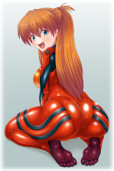Rule 34 | 1girl, adapted costume, alternate breast size, ass, ass focus, blue eyes, breasts, butt crack, curvy, feet, highres, huge ass, large breasts, long hair, looking at viewer, neon genesis evangelion, open mouth, pixiv1478062, plugsuit, sitting, smile, solo, souryuu asuka langley, twintails