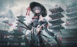Rule 34 | 1girl, architecture, bare shoulders, black thighhighs, blue eyes, breasts, closed mouth, cloud, cloudy sky, commentary request, covered navel, east asian architecture, feet out of frame, grey hair, grey leotard, hair between eyes, hand on own hip, hat, highres, hood, hood down, hooded leotard, katana, leotard, long sleeves, looking at viewer, medium breasts, mountain, original, outdoors, pagoda, rain, rice hat, sheath, sheathed, sky, solo, standing, swav, sword, thighhighs, weapon, wide sleeves