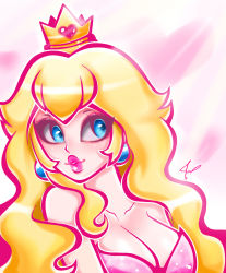 Rule 34 | 1girl, bare shoulders, blonde hair, blue eyes, bra, breasts, cleavage, collarbone, crown, earrings, eyelashes, heart, highres, jamilsc11, jewelry, large breasts, lips, long hair, looking away, mario (series), nintendo, parted lips, pink background, pink bra, pink lips, princess peach, signature, smile, solo, strapless, strapless bra, super mario bros. 1, thick lips, underwear, upper body, white background