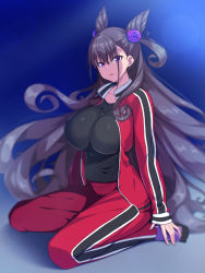 Rule 34 | 1girl, :o, black hair, black shirt, blue background, breasts, commentary request, cone hair bun, curly hair, fate/grand order, fate (series), full body, hair bun, hair ornament, impossible clothes, impossible shirt, jacket, large breasts, lens flare, long hair, long sleeves, murasaki shikibu (fate), open clothes, open jacket, open mouth, pants, purple eyes, purple socks, red jacket, red pants, shirt, sitting, skylader, sleeves past wrists, socks, solo, track jacket, track pants, track suit, two side up, very long hair