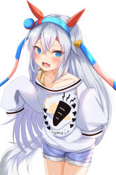 Rule 34 | 1girl, absurdres, animal ears, blue eyes, blush, commentary request, cowboy shot, denim, denim shorts, elbow rest, fang, grey hair, hairband, hand on own cheek, hand on own face, headband, highres, horse ears, horse girl, horse tail, kudo (user dzch8572), long hair, long sleeves, looking at viewer, off shoulder, open mouth, shirt, shorts, signature, skin fang, sleeves past fingers, sleeves past wrists, smile, solo, tail, tamamo cross (umamusume), umamusume, white background, white shirt