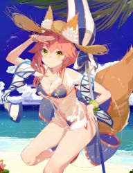 Rule 34 | 1girl, absurdres, animal ear fluff, animal ears, bikini, blush, bracelet, breasts, brown eyes, fang, fate/grand order, fate (series), fox ears, fox girl, fox tail, hat, highres, jewelry, large breasts, long hair, navel, open mouth, pink hair, same (sendai623), see-through, shirt, side-tie bikini bottom, simple background, skin fang, stomach, straw hat, string bikini, sun hat, swimsuit, tail, tamamo (fate), tamamo no mae (fate/extra), tamamo no mae (swimsuit lancer) (fate), tamamo no mae (swimsuit lancer) (second ascension) (fate), thighs, underboob, water, wet, wet clothes, wet shirt