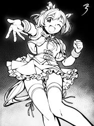 Rule 34 | 1girl, ;d, absurdres, animal ears, crop top, frilled skirt, frills, from below, greyscale, highres, horse ears, horse girl, horse tail, looking at viewer, monochrome, one eye closed, open mouth, sbql (niaunclefan), short hair, skirt, smile, solo, special week (umamusume), tail, thighhighs, umamusume, wrist cuffs