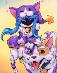 Rule 34 | 1girl, animal, animal collar, animal costume, animal ears, bell, body fur, cats vs dogs kindred, collar, confetti, cosplay, crossed arms, dog, dog costume, dog ears, fake animal ears, fangs, fur collar, furry, furry female, gradient background, hood, hood up, kigurumi, kindred (league of legends), lamb (league of legends), league of legends, long hair, looking at viewer, neck bell, phantom ix row, sidelocks, star (symbol), teeth, tongue, tongue out, white fur