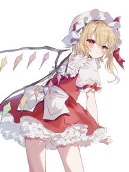 Rule 34 | 1girl, blonde hair, bloomers, blush, cowboy shot, crystal, flandre scarlet, frills, from behind, hat, hat ribbon, highres, looking back, mob cap, one side up, petticoat, puffy short sleeves, puffy sleeves, red eyes, red skirt, red vest, ribbon, shirt, short sleeves, simple background, skirt, solo, sorani (kaeru0768), touhou, underwear, vest, white background, white bloomers, white hat, wings