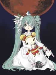 Rule 34 | 1girl, animal, animal on head, bandages, bird, bird on head, clamp, crossover, dress, flower, hair over one eye, hatsune miku, lily (flower), lowres, mokona, on head, solo, twintails, vocaloid