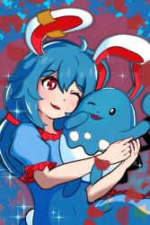 Rule 34 | 1girl, animal ears, azumarill, blue dress, blue hair, bright pupils, commentary, creatures (company), dress, earclip, english commentary, game freak, gen 2 pokemon, highres, long hair, looking at another, nintendo, one eye closed, pokemon, rabbit ears, rabbit girl, red eyes, rioku, seiran (touhou), short sleeves, touhou, white pupils