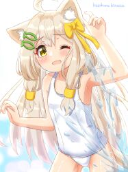 Rule 34 | 1girl, ahoge, animal ear fluff, animal ears, arm up, armpits, artist name, blonde hair, blush, bow, cat ears, cat girl, cat tail, covered navel, gluteal fold, green eyes, hair bow, hair ornament, hairclip, hazakura hinata, highres, long hair, old school swimsuit, one-piece swimsuit, one eye closed, open mouth, original, ribbon, school swimsuit, smile, solo, swimsuit, tail, thighs, water, white one-piece swimsuit