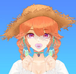 Rule 34 | 1girl, aqua choker, blue background, braid, breasts, brown hat, cleavage, collarbone, commentary request, earrings, hands up, hat, highres, hololive, hololive english, huke, jewelry, long hair, long sleeves, looking at viewer, medium breasts, nail polish, official alternate costume, orange hair, pacifier, purple eyes, shirt, simple background, solo, straw hat, takanashi kiara, takanashi kiara (casual), twin braids, upper body, virtual youtuber, white shirt