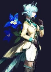 Rule 34 | 1girl, animal ears, black background, black gloves, blue flower, blue hair, blue rose, boots, breasts, brooch, closed eyes, closed mouth, collared shirt, feet out of frame, flower, from side, gloves, hair bun, hand up, highres, holding, holding flower, horse ears, jacket, jewelry, long sleeves, mejiro ardan (neige emeraude) (umamusume), mejiro ardan (umamusume), open clothes, open jacket, otimusyairoha, pants, rose, shirt, short hair, simple background, small breasts, smelling flower, solo, standing, thigh boots, umamusume, vest, white footwear, white pants, white shirt, yellow jacket