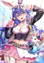 Rule 34 | 1girl, animal, animal ears, arm up, belt, belt buckle, black belt, black choker, black jacket, blurry, blurry background, breasts, buckle, bustier, choker, cleavage, collarbone, commentary request, confetti, depth of field, fujima takuya, holding, holding microphone, jacket, long sleeves, medium breasts, microphone, navel, open clothes, open jacket, pink skirt, pleated skirt, project miyabi, puffy long sleeves, puffy sleeves, rabbit, rabbit ears, skirt, sleeves past wrists, solo, thighhighs, virtual youtuber, white thighhighs, yuri komaki
