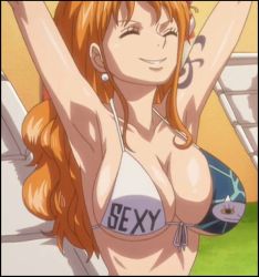 Rule 34 | 1girl, armpits, bare shoulders, breasts, cleavage, dress, closed eyes, female focus, hairband, indoors, large breasts, long hair, nami (one piece), one piece, open mouth, orange hair, ponytail, screencap, smile