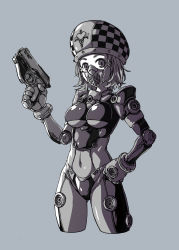 Rule 34 | 1girl, absurdres, bad id, bad pixiv id, bodysuit, checkered clothes, checkered headwear, covered mouth, covered navel, cowboy shot, finger on trigger, fish.boy, grey background, greyscale, gun, hand on own hip, hat, highres, holding, holding gun, holding weapon, legs apart, mask, monochrome, mouth mask, navel, original, short hair, simple background, standing, weapon
