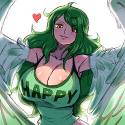 Rule 34 | 1girl, absurdres, breasts, clothes writing, commentary, english commentary, english text, feathered wings, feathers, green eyes, green feathers, green tank top, green wings, harpy, heart, highres, large breasts, long hair, looking at viewer, monet (one piece), monster girl, one piece, shirt, simmsy, solo, t-shirt, tank top, winged arms, wings, yellow eyes