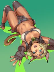 Rule 34 | 1girl, 2018, :d, animal ear fluff, animal ears, arm behind head, arm up, blonde hair, blue eyes, breasts, cat ears, cat girl, cat tail, cleavage, dark-skinned female, dark skin, dated, elbow gloves, final fantasy, final fantasy xi, fingerless gloves, gloves, gradient background, grey gloves, loincloth, lying, medium breasts, mithra (ff11), navel, no eyebrows, on back, open mouth, outstretched arm, parted bangs, purple pupils, short hair, smile, solo, tail, teeth, toeless footwear, yuccoshi