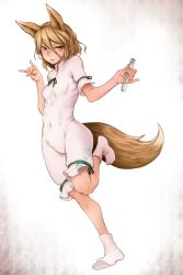 Rule 34 | 1girl, :3, animal ears, blonde hair, blush, breasts, covered navel, fox ears, fox shadow puppet, fox tail, full body, hair between eyes, highres, holding, holding test tube, jumpsuit, kudamaki tsukasa, looking at viewer, romper, simple background, small breasts, solo, standing, standing on one leg, tail, test tube, toritora, touhou, vial, white background, white jumpsuit, yellow eyes