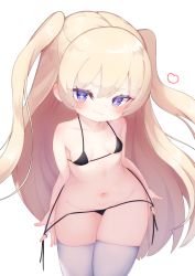 Rule 34 | + +, 1girl, :3, azur lane, bache (azur lane), bare arms, bikini, bikini pull, black bikini, blonde hair, blush, breasts, closed mouth, clothes pull, cowboy shot, highres, kokone (coconeeeco), long hair, looking at viewer, navel, purple eyes, simple background, small breasts, solo, swimsuit, thighhighs, two side up, very long hair, white background, white thighhighs