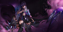 Rule 34 | 1boy, 1girl, absurdres, ass, asymmetrical bangs, bare shoulders, black garter straps, black skirt, black thighhighs, blood, breasts, claw (weapon), cone hair bun, cropped jacket, crystal, dark background, demon, demon girl, drop earrings, dying, earrings, erosguardian, evelynn (league of legends), evil smile, eyeshadow, full body, garter straps, girl on top, glowing, glowing eyes, green eyeshadow, grey hair, hair bun, high heels, highres, impaled, jacket, jewelry, k/da (league of legends), long hair, looking at viewer, looking back, makeup, medium breasts, multicolored clothes, multicolored jacket, open clothes, open jacket, open mouth, purple lips, revealing clothes, screaming, skirt, slit pupils, smile, smoke, spikes, the baddest evelynn, thighhighs, torn clothes, weapon, white hair, yellow eyes
