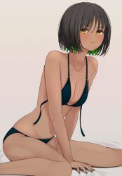 Rule 34 | 1girl, absurdres, arm support, bikini, black bikini, black hair, black nails, breasts, closed mouth, colored inner hair, commentary request, dark skin, green hair, hatogayar, highres, leaning forward, looking at viewer, medium breasts, multicolored hair, nail polish, original, paid reward available, short hair, simple background, sitting, solo, swimsuit, untied bikini top, wariza, yellow eyes