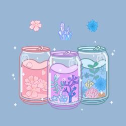 Rule 34 | blue background, blue flower, can, cherry blossoms, commentary, coral, crystal, drink can, english commentary, flower, food focus, heart, instagram username, janie (berrycutestudio), no humans, original, pink flower, simple background, soda, soda can, sparkle