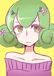 Rule 34 | 1girl, artist request, bare shoulders, breasts, digimon, digimon story: cyber sleuth, flower, flower on head, green hair, highres, kishibe rie, lips, simple background, solo, sweater, yellow background, yellow eyes