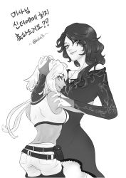 Rule 34 | 2girls, artist request, cinder fall, commentary request, emerald sustrai, eyes visible through hair, greyscale, highres, hug, monochrome, multiple girls, rwby, short hair with long locks, translation request, yuri