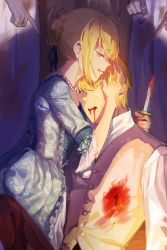 Rule 34 | 1boy, 1girl, ahoge, alternate costume, artoria pendragon (all), artoria pendragon (fate), bad id, bad pixiv id, beads, blonde hair, blood, blood from mouth, blood on clothes, bloody weapon, blue ribbon, braid, buttons, closed eyes, collared shirt, corpse, crying, dagger, dress, earrings, eyes visible through hair, fate/zero, fate (series), floral print, gilgamesh (fate), hair bun, hair ribbon, hand in own hair, hand on another&#039;s head, highres, holding, holding weapon, hug, injury, jewelry, jisue10, knife, lace-trimmed sleeves, lace trim, long hair, murder, necklace, out of frame, pointing, print dress, ribbon, saber (fate), shirt, single hair bun, tears, teeth, unconscious, vest, weapon, white shirt