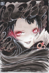 Rule 34 | 10s, 1girl, abyssal ship, black background, black hair, black lips, bonnet, eyelashes, frilled bonnet, glowing, glowing eyes, gothic lolita, highres, isolated island oni, kantai collection, lipstick, lolita fashion, long hair, looking at viewer, makeup, mixed media, painting (medium), red eyes, signature, slit pupils, smile, solo, tesun (g noh), traditional media, upper body, watercolor (medium)