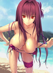 Rule 34 | 1girl, beach, bent over, bikini, breasts, cleavage, collarbone, day, fate/grand order, fate (series), flower, hair flower, hair ornament, hanging breasts, highres, kawanakajima, large breasts, bridal garter, looking at viewer, navel, outdoors, red eyes, red hair, sand, scathach (fate), scathach (fate/grand order), scathach (swimsuit assassin) (fate), sky, smile, solo, swimsuit, water