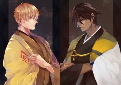 Rule 34 | 2boys, ankh, black hair, blonde hair, brown hair, crossed arms, dark skin, dark-skinned male, earrings, fate/grand order, fate/prototype, fate/prototype: fragments of blue and silver, fate (series), gilgamesh (fate), haori, japanese clothes, jewelry, kimono, male focus, multiple boys, ozymandias (fate), pvc parfait, red eyes, single earring, yellow eyes