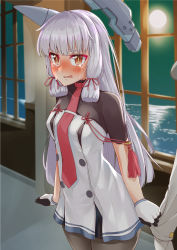 Rule 34 | 1boy, 1girl, admiral (kancolle), arm grab, blunt bangs, blush, brown eyes, chausson, crying, crying with eyes open, dress, full-face blush, full moon, gloves, hair ribbon, headgear, highres, kantai collection, long hair, looking at viewer, moon, multicolored clothes, multicolored gloves, murakumo (kancolle), necktie, ocean, pantyhose, red neckwear, ribbon, sidelocks, silver hair, solo focus, tears, tress ribbon, window