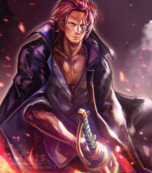 Rule 34 | 1boy, 2022, artist name, black coat, closed mouth, coat, collarbone, commentary, english commentary, facial hair, holding, holding sword, holding weapon, looking at viewer, male focus, mixed-language commentary, nanshu29, one piece, red hair, scar, scar across eye, scar on face, shanks (one piece), shirt, short hair, solo, sword, thai commentary, watermark, weapon, web address, white shirt