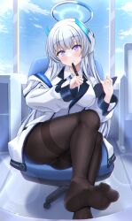 Rule 34 | 1girl, absurdres, black pantyhose, blazer, blue archive, blue necktie, blush, breasts, coat, collared shirt, feet, foot out of frame, formal, full body, grey hair, halo, highres, hood, hooded coat, id card, jacket, large breasts, legs, long hair, looking at viewer, mechanical halo, miniskirt, necktie, no shoes, noa (blue archive), open clothes, open coat, panties, panties under pantyhose, pantyhose, pleated skirt, purple eyes, reneua, shirt, sidelocks, simple background, skirt, soles, suit, toes, two-sided fabric, two-sided jacket, underwear, very long hair, white shirt, white suit