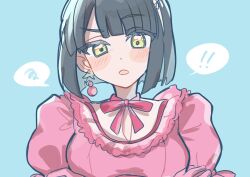 Rule 34 | !, !!, 1girl, black hair, blue background, blunt bangs, blunt ends, blush, breasts, commentary request, crossed arms, dress, earrings, flower earrings, frilled dress, frills, green eyes, highres, jewelry, link! like! love live!, looking at viewer, love live!, medium breasts, momose ginko, neck ribbon, open mouth, pink dress, pink ribbon, puffy short sleeves, puffy sleeves, raised eyebrow, reflection in the mirror (love live!), ribbon, short hair, short sleeves, simple background, solo, spoken exclamation mark, spoken squiggle, squiggle, techimi, upper body, virtual youtuber
