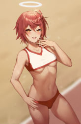 Rule 34 | 1girl, adjusting clothes, ahoge, arknights, bare arms, bare shoulders, blurry, blurry background, blush, breasts, breath, buruma, collarbone, cowboy shot, crop top, exusiai (arknights), gym uniform, hair between eyes, halo, hand to own mouth, lipstick, looking at viewer, makeup, medium breasts, mool yueguang, navel, pink lips, red buruma, red hair, red shorts, short hair, shorts, simple background, sleeveless, smile, solo, sportswear, steaming body, sweat, thighs, toned, underboob, uniform, yellow eyes
