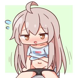 Rule 34 | 1girl, ahoge, black panties, blush, brown eyes, brown hair, clothes lift, collarbone, commentary request, flying sweatdrops, genderswap, genderswap (mtf), green background, grey shirt, groin, hana kazari, highres, lifted by self, long hair, navel, nose blush, off shoulder, onii-chan wa oshimai!, open mouth, oyama mahiro, panties, panty pull, revision, shirt, shirt lift, sitting, solo, toilet, two-tone background, underwear, very long hair, white background