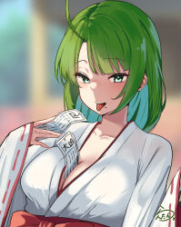 1girl absurdres ahoge alternate_costume between_breasts blue_eyes blurry blurry_background braid breasts commentary_request furisode green_hair hakama highres japanese_clothes kantai_collection kimono lanthan long_hair looking_at_viewer miko mole mole_under_mouth red_hakama single_braid solo tongue tongue_out very_long_hair white_kimono wide_sleeves yuugumo_(kancolle)