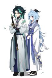 Rule 34 | 1boy, 1girl, ahoge, alternate costume, annlin, aqua hair, bead necklace, beads, black hair, blue hair, blush, closed mouth, crossed arms, facial mark, forehead mark, full body, ganyu (genshin impact), genshin impact, goat horns, hair between eyes, highres, holding, holding sword, holding weapon, horns, jewelry, long hair, looking at another, low ponytail, multicolored hair, necklace, purple eyes, sheath, sheathed, standing, sweatdrop, sword, two-tone hair, weapon, white background, wide sleeves, xiao (genshin impact), yellow eyes