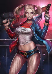 Rule 34 | 1girl, baseball bat, batman (series), belt, blonde hair, blue eyes, blue hair, bracelet, breasts, dc comics, dccu, eyeshadow, fishnet pantyhose, fishnets, gun, handgun, harley quinn, jacket, jewelry, lipstick, long hair, looking at viewer, makeup, midriff, multicolored clothes, multicolored hair, navel, no bra, over shoulder, pantyhose, shirt, short shorts, shorts, smile, solo, spiked bracelet, spikes, studded belt, suicide squad, torn clothes, torn shirt, twintails, weapon, weapon over shoulder, x.four