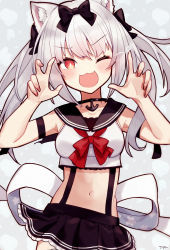 Rule 34 | 1girl, ;3, ;d, absurdres, akutaa, anchor symbol, animal ears, armpits, azur lane, black skirt, bow, cat ears, choker, claw pose, collarbone, commentary request, hair between eyes, hair bow, hair ribbon, highres, long hair, looking at viewer, midriff, navel, one eye closed, open mouth, orange eyes, pleated skirt, ribbon, school uniform, serafuku, shirt, short sleeves, sidelocks, simple background, skirt, sleeveless, sleeveless shirt, smile, solo, suspenders, twintails, white background, white hair, yukikaze (azur lane)