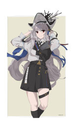 Rule 34 | 1girl, absurdres, arknights, black headwear, black legwear, black shorts, black vest, casual, cowboy shot, cropped vest, dated, grey hair, highres, incredibly absurdres, long hair, lyus010, red eyes, shirt, shirt tucked in, shorts, smile, solo, specter (arknights), specter the unchained (arknights), very long hair, vest, white shirt