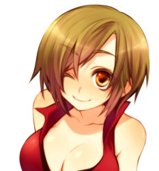 Rule 34 | 1girl, bare shoulders, breasts, brown hair, cleavage, kiri futoshi, large breasts, lowres, meiko (vocaloid), one eye closed, short hair, smile, solo, vocaloid, wink