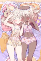 Rule 34 | 2girls, :3, ahoge, animal ears, arashiya, arm up, armpits, bed, blush, breasts, brown camisole, brown panties, camisole, child, child on child, closed eyes, curly hair, dark-skinned female, dark skin, face-to-face, hand on own head, hat, highres, holding hands, horns, interracial, lying, multiple girls, navel, on back, original, panties, pillow, pink camisole, pink panties, print camisole, print panties, sheep ears, sheep girl, sheep horns, short hair, sleeping, small breasts, smile, thick thighs, thighs, underwear, white hair, yuri
