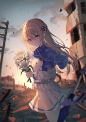 Rule 34 | 1girl, blonde hair, blurry, bouquet, building, cloud, commentary, depth of field, dress, evening, flower, gin (gin937), hair between eyes, hair ornament, heaven burns red, highres, holding, holding bouquet, long hair, looking at viewer, parted lips, power lines, red eyes, ruins, shirakawa yuina, sidelocks, sky, solo, standing, symbol-only commentary, utility pole, white dress, white flower